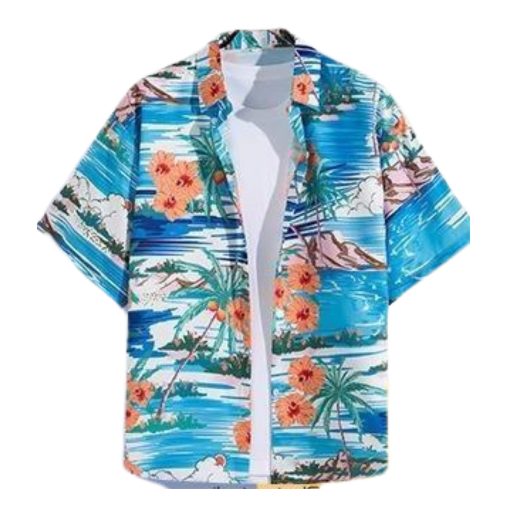 Hawaii Party Blouse – Blauw met Oranje Bloemen – Heren 