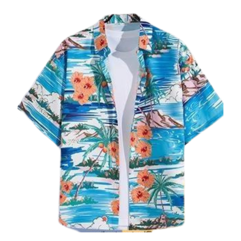 Hawaii Party Blouse – Blauw met Oranje Bloemen – Heren 