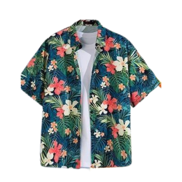 Hawaii Party Blouse – Donkerblauw met Wit/Roze Bloemen – Heren 