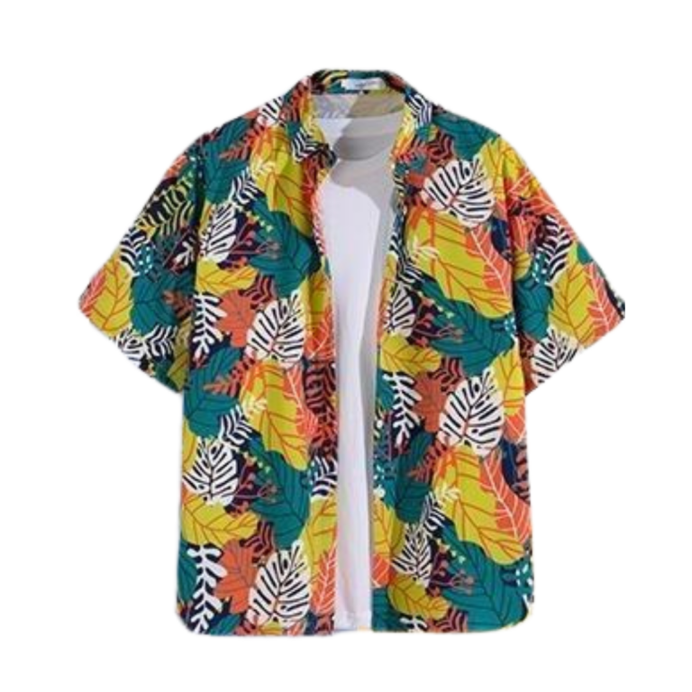 Hawaii Party Blouse – Groen/Geel/Wit met Bladeren – Heren 
