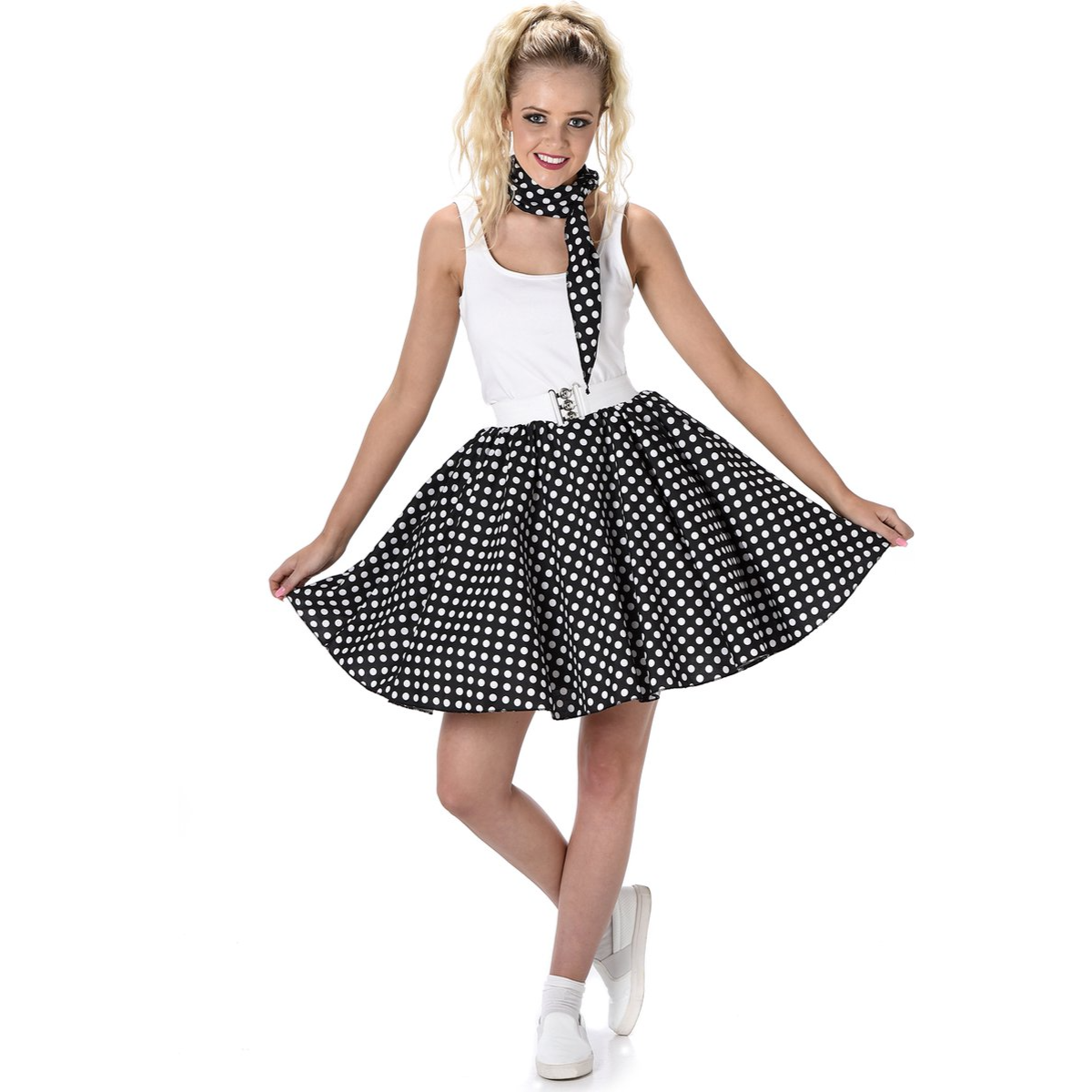 50’s Polkadot Rok & Sjaaltje Dames – Zwart 2-Delig Rock & Roll Kostuum 