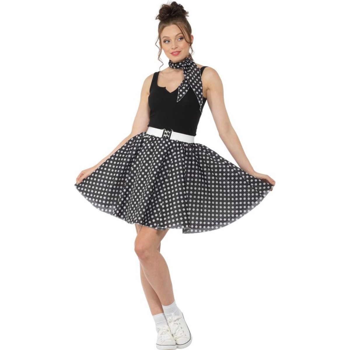 50’s Polkadot Rok & Sjaaltje Dames – Zwart 2-Delig Rock & Roll Kostuum 