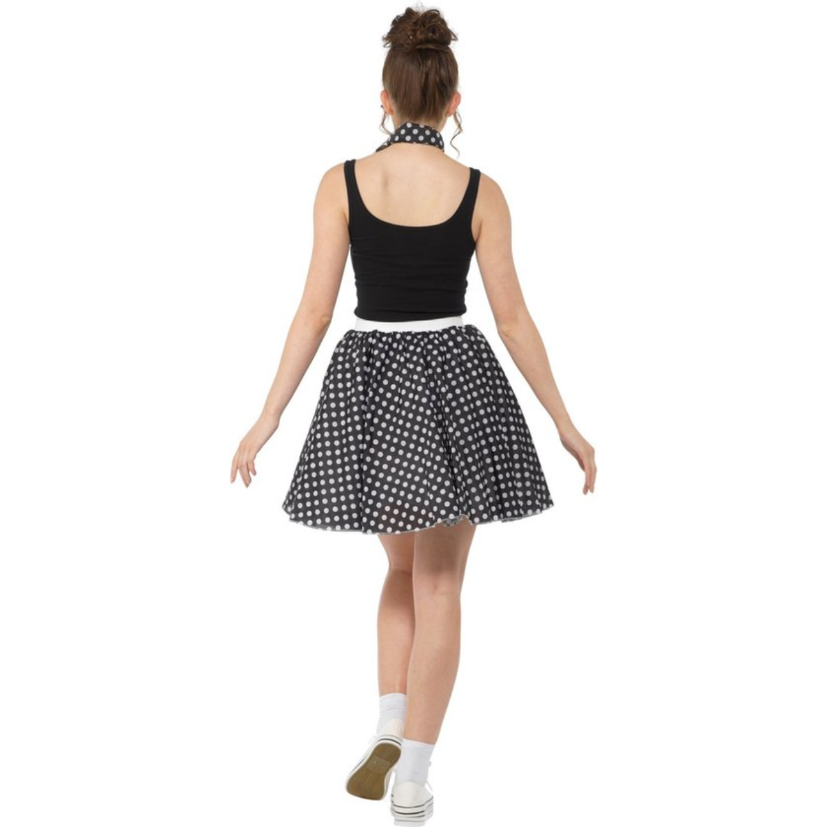 50’s Polkadot Rok & Sjaaltje Dames – Zwart 2-Delig Rock & Roll Kostuum 