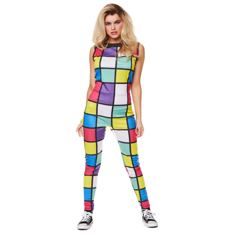 80’s Disco Jumpsuit Dames – Rubiks Cube Print 