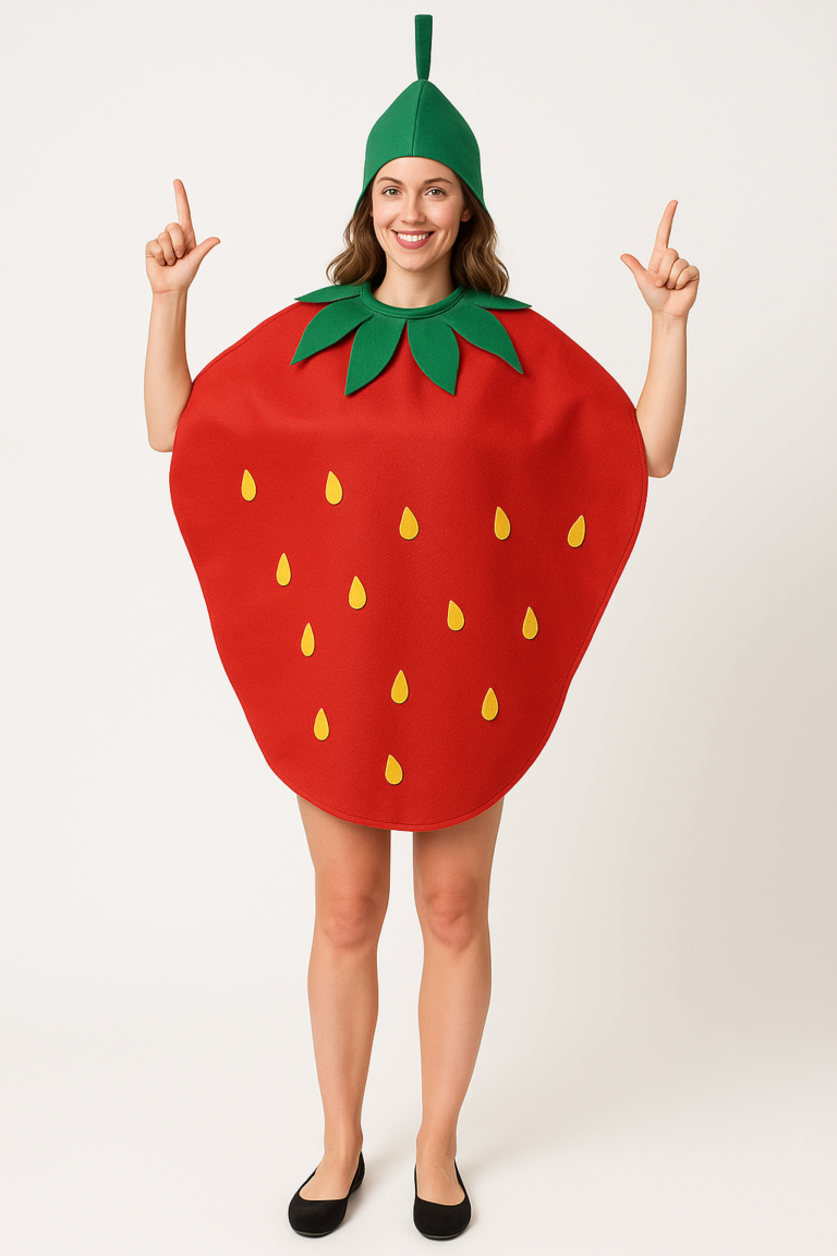 Aardbeien Kostuum Dames – Maat S – 2-Delige Fruit Kostuumset met Hoofddeksel 