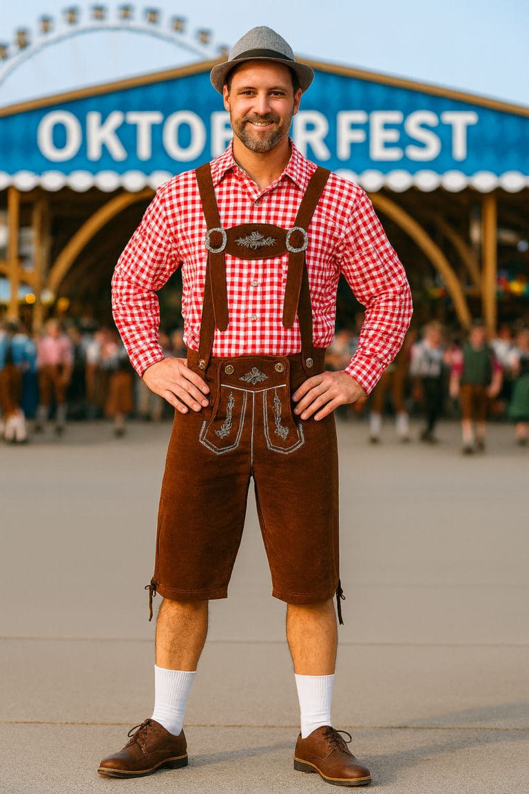 Rood Oktoberfest Kostuum met Bruine Lederhosen – Heren 