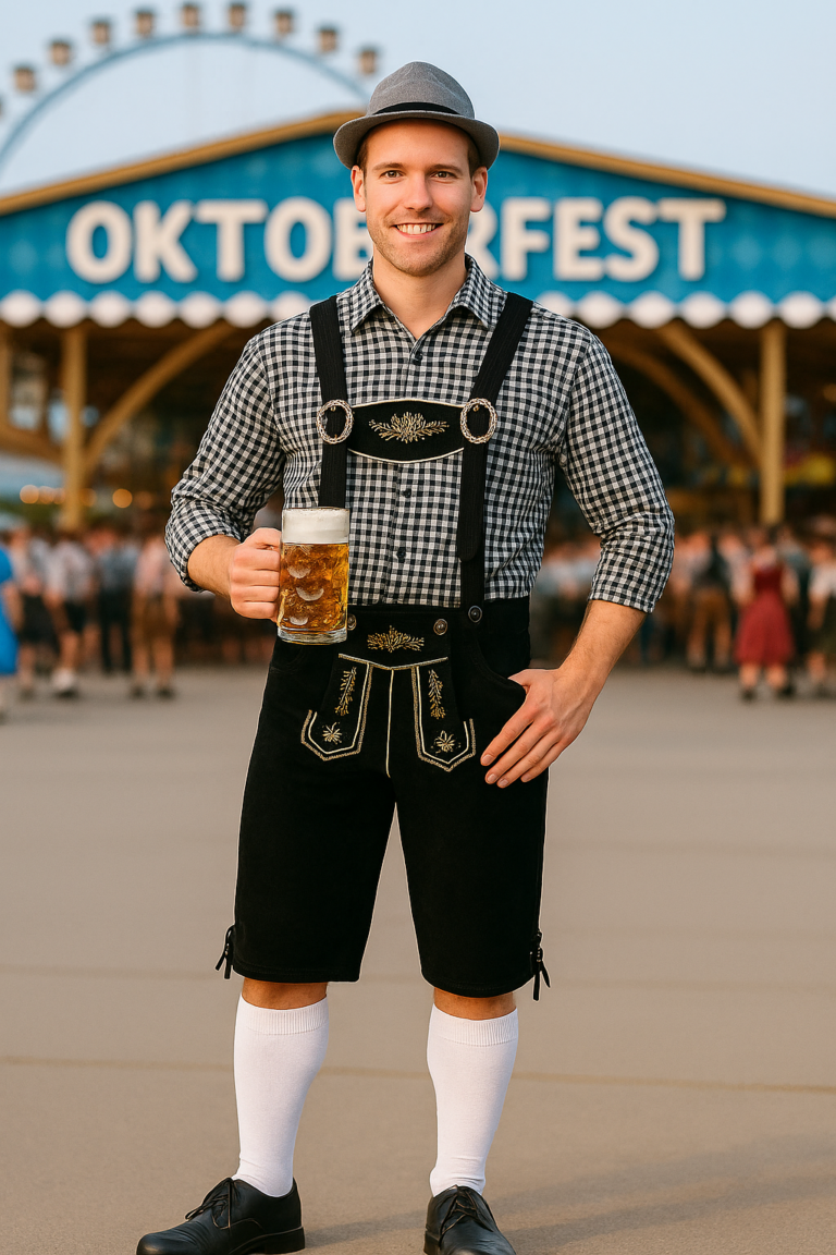 Grijs Oktoberfest Kostuum met Zwarte Lederhosen – Heren 