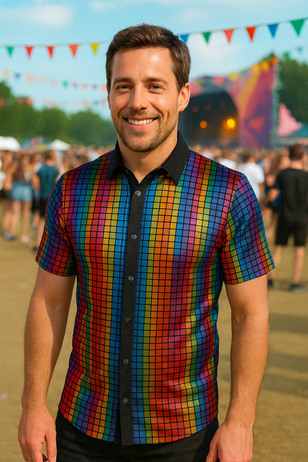 Heren Regenboog Disco Blouse β Metallic Regenboogkleuren met Steentjes β Jaren 70 Feestblouse Korte MouwenΒ