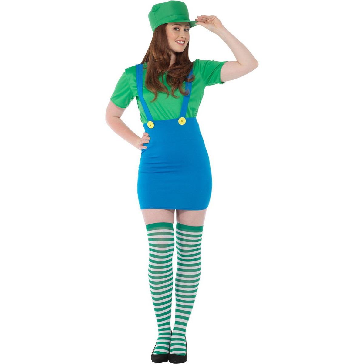 Groene Loodgieter Kostuum Dames – 4-delig (Shirt, Rok met Bretels, Hoed & Kousen)