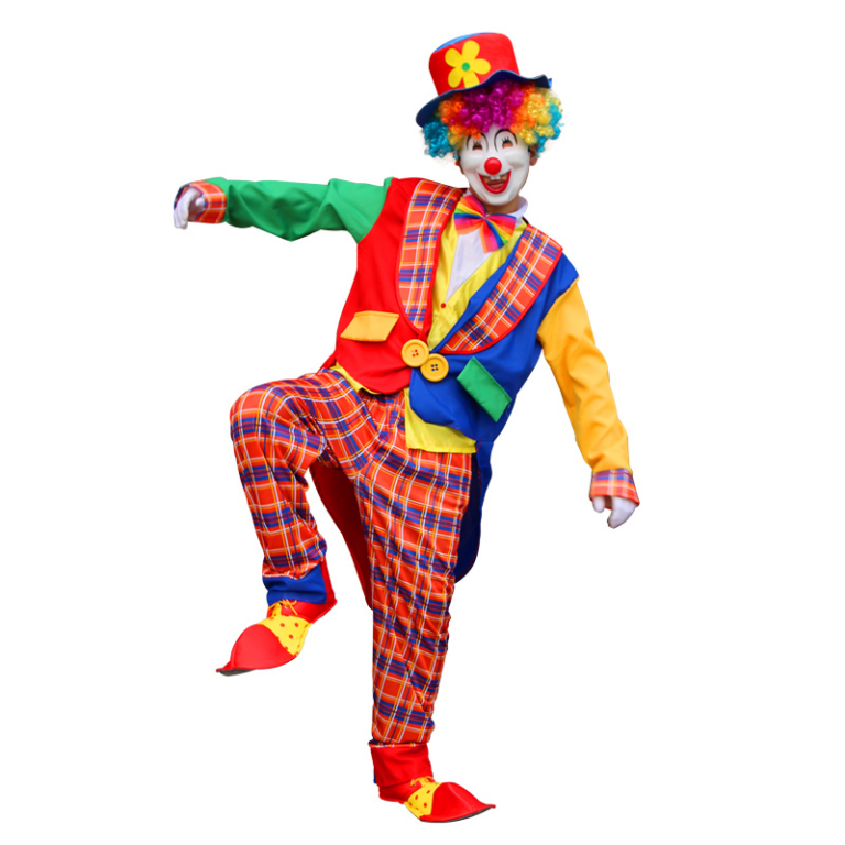 Kleurrijk Clown Kostuum – 4-Delige Set met Jas, Broek, Hoed en Stropdas 