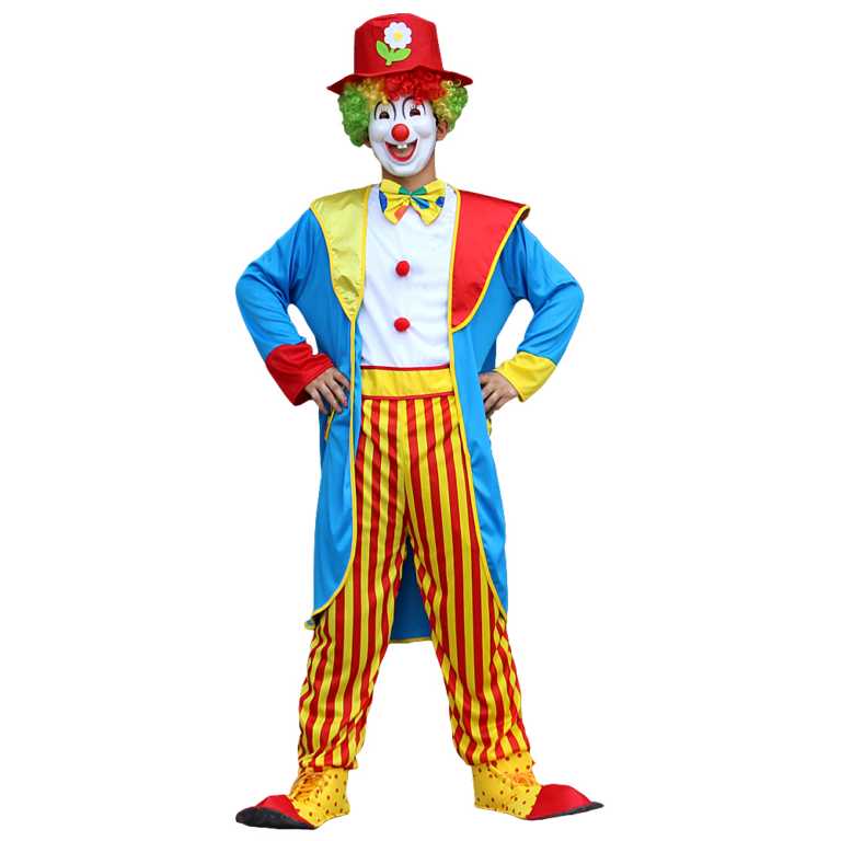 Clown Kostuum Blauw/Geel – 3-Delige Set met Jas, Gestreepte Broek en Hoed 