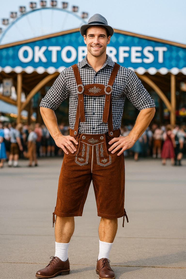 Grijs Oktoberfest Kostuum met Bruine Lederhosen – Heren 