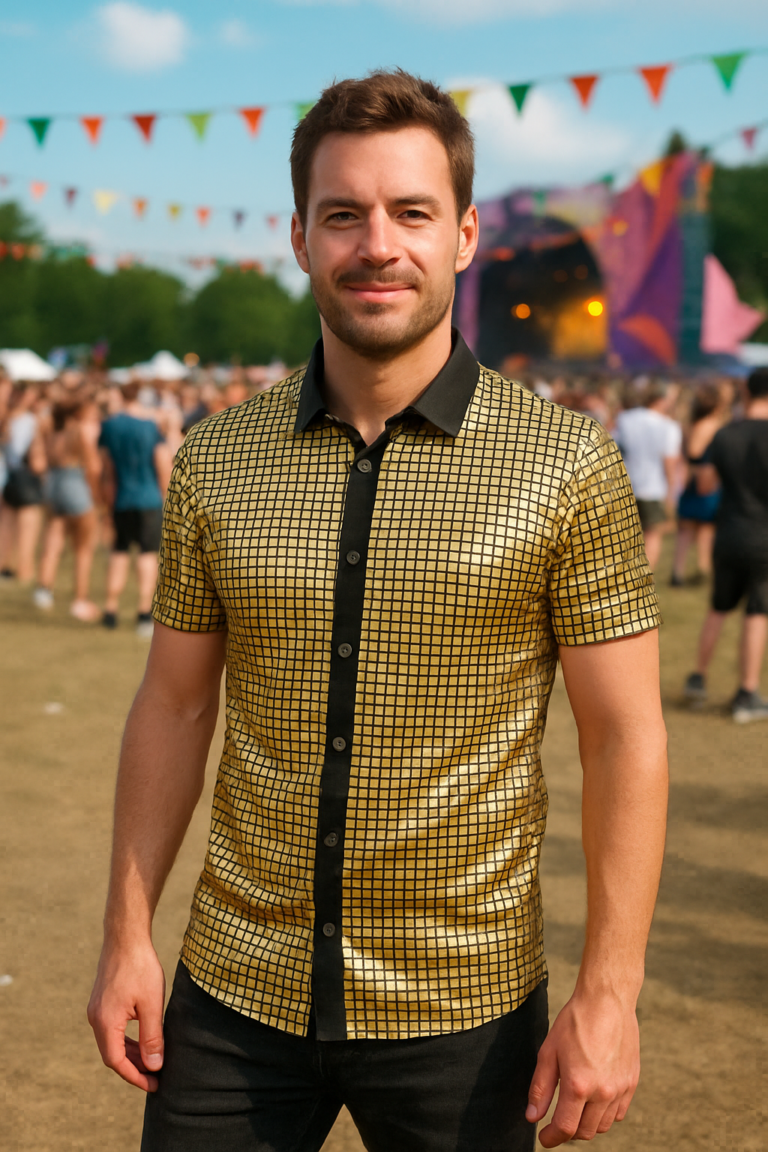 Heren Gouden Disco Blouse – Metallic Jaren 70 Feestblouse met Korte Mouwen 
