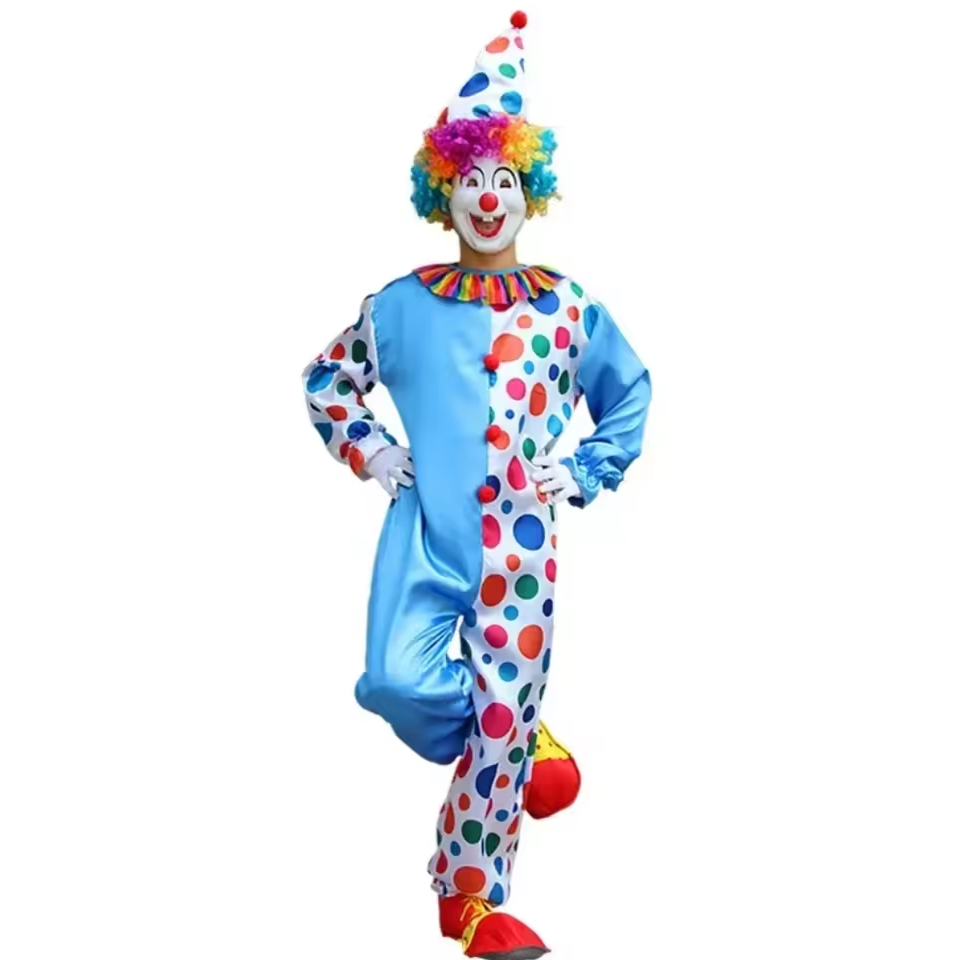 Clown Kostuum Blauw/Wit β Met Stippen & Hoed | 2-Delige Jumpsuit SetΒ