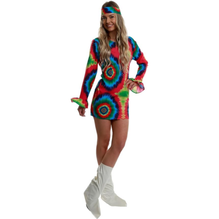 Retro Hippie Kostuum Dames – 3-delig Jurk, Hoofdband & Laarscovers (60’s / 70’s)