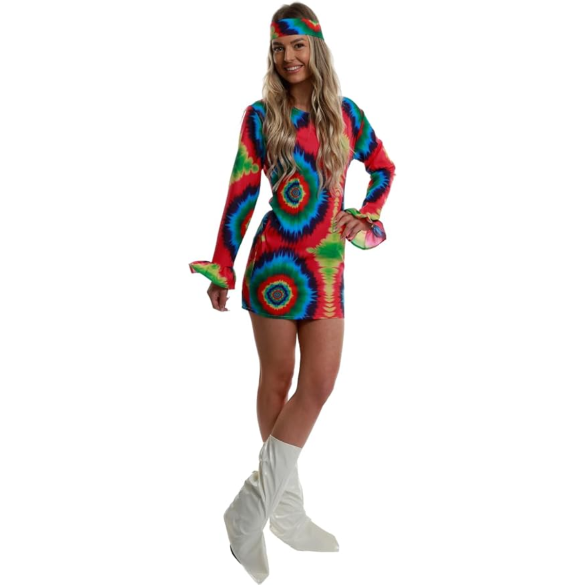Retro Hippie Kostuum Dames – 3-delig Jurk, Hoofdband & Laarscovers (60’s / 70’s)