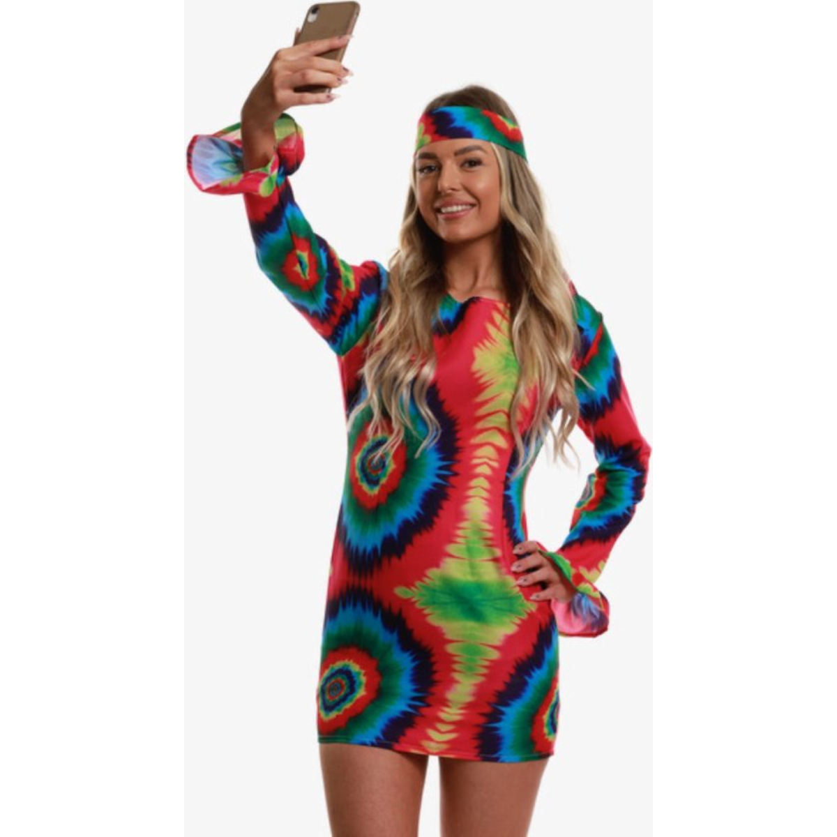 Retro Hippie Kostuum Dames – 3-delig Jurk, Hoofdband & Laarscovers (60’s / 70’s)
