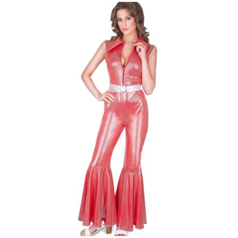 Rode Disco Diva Jumpsuit Dames – Jaren 70 Kostuum met Zilveren Riem 
