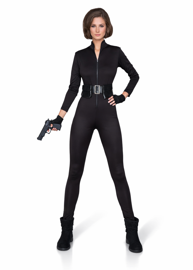 Sexy Agent Catsuit Dames – Zwart 3-delig Kostuum met Riem & Vingerloze Handschoenen 