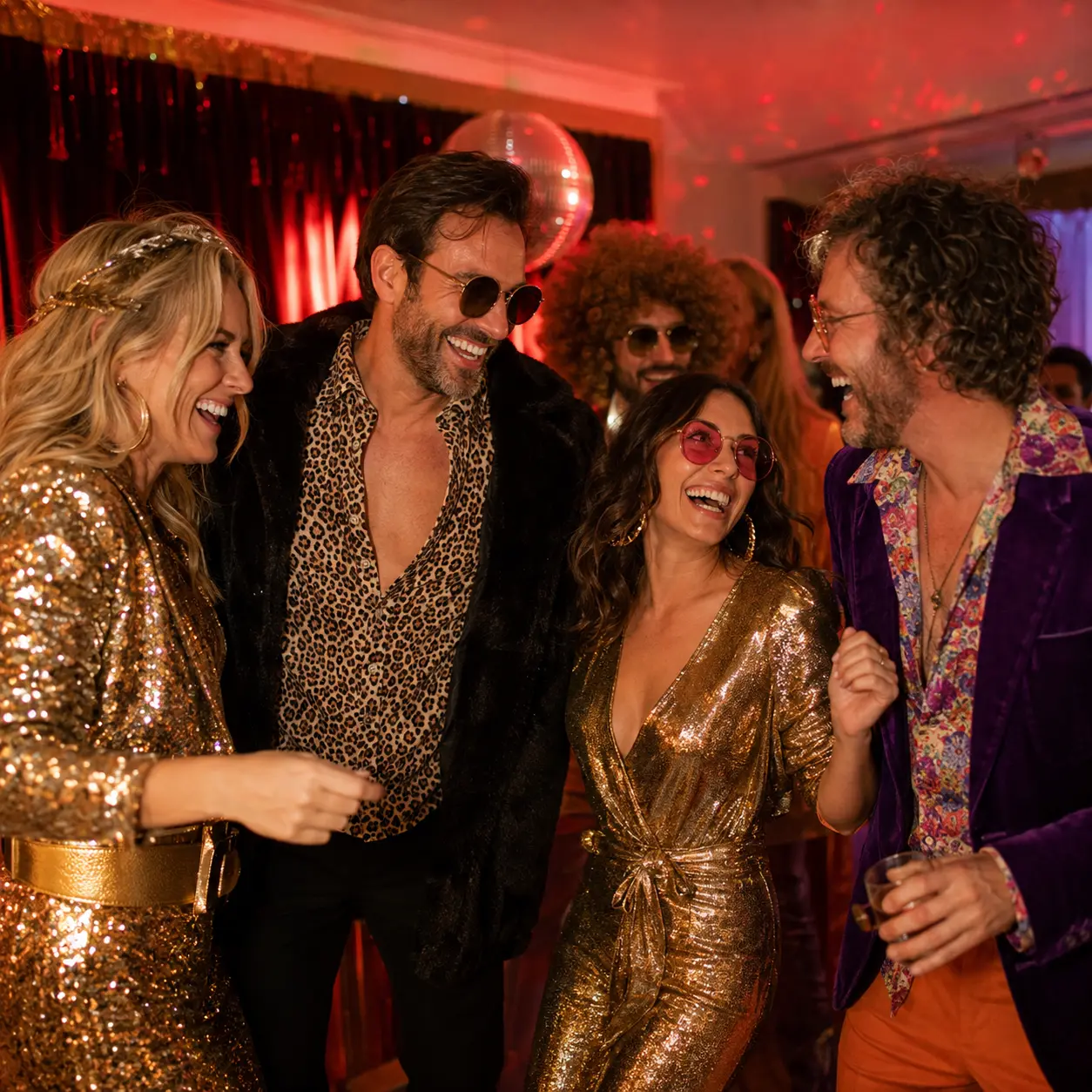 Vrienden in disco en retro kleding tijdens een Foute Party