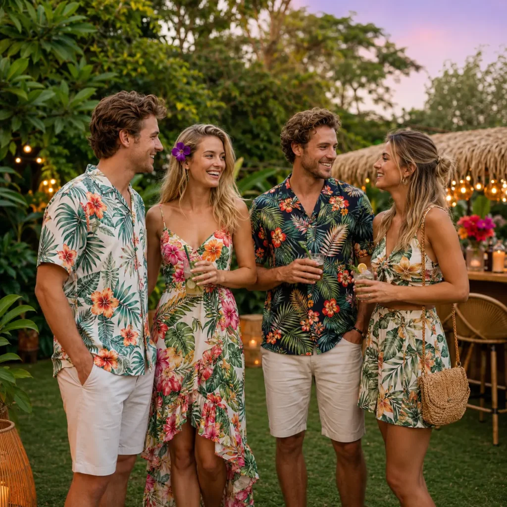Vrienden in tropische kleding tijdens een Hawaii themafeest